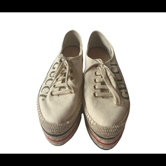 Gucci Cream Logo Print Platform Espadrilles Flats - Picture 4 of 7